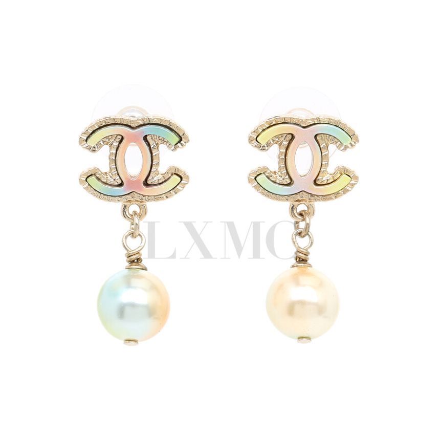 CHANEL Rainbow CC Gold Earrings Iridescent Pearl Earring 12345 133281036