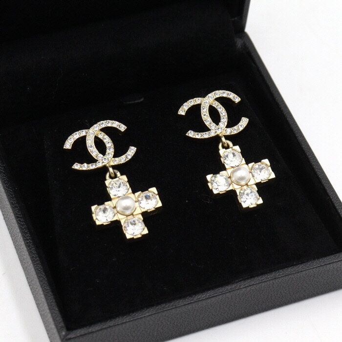 CHANEL 21 Season Gold CC Crystal Pearl Drop Earrings 45961 120301566