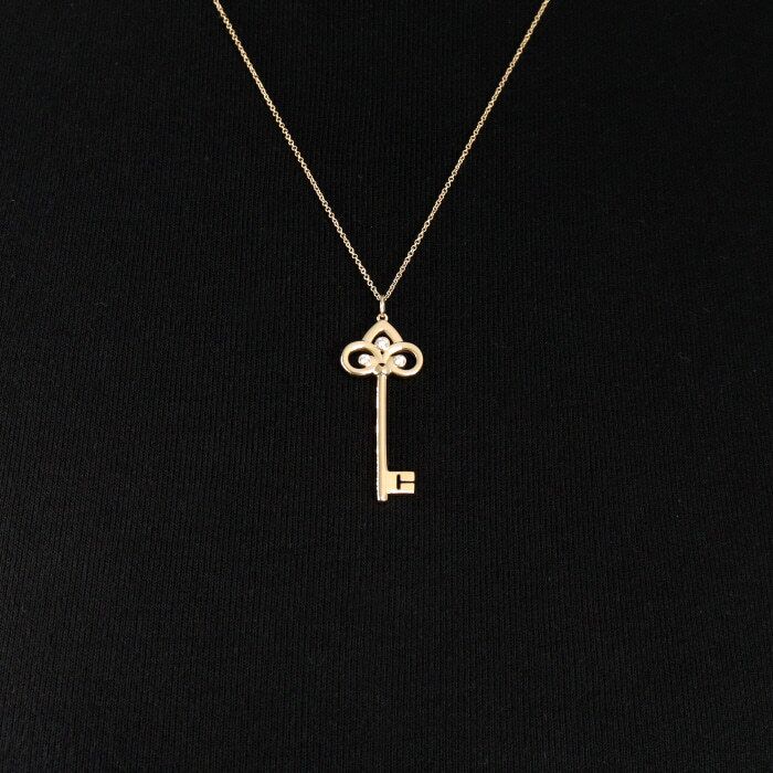 Tiffany & Co 18K Pink Gold 3P Diamond Fleur de Lis Key Pendant and Chain Necklace Set aa42604 105542880