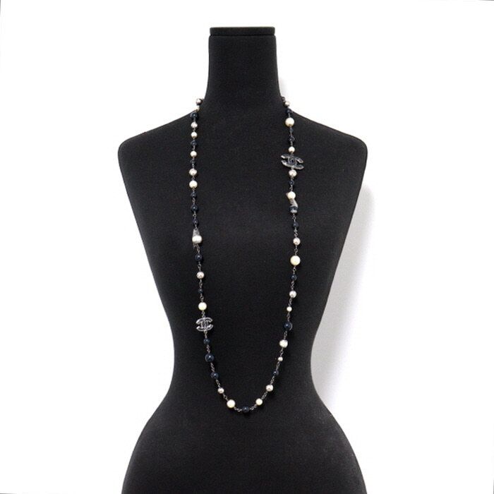 CHANEL CC Logo Blue Pearl Long Chain Necklace AA36133 70714022