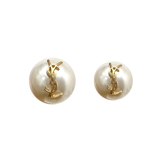 Saint Laurent YSL Logo Pearl Earrings / Gold Cream 691563 Y1526 9018 132293813