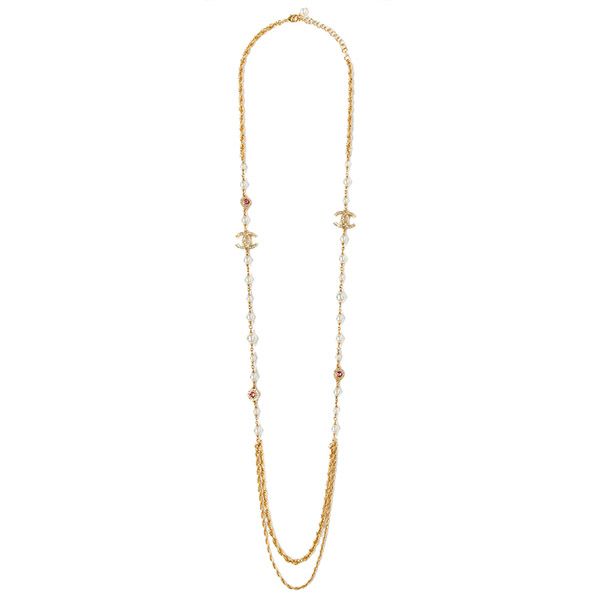 CHANEL Gold Pink CC Crystal Pearl Necklace ABA044 00143 78753697