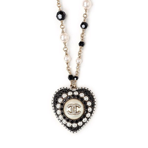 CHANEL Gold Black CC Heart Pearl Crystal Necklace AB9381 00125 78754022