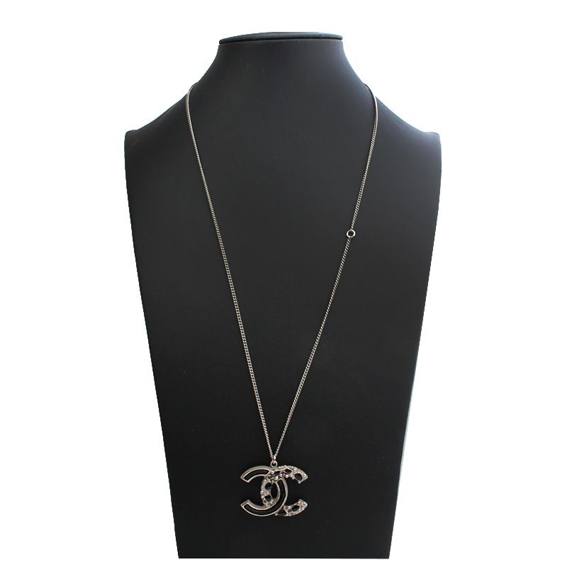 CHANEL Black Enamel Logo Pendant Necklace 34 129298326