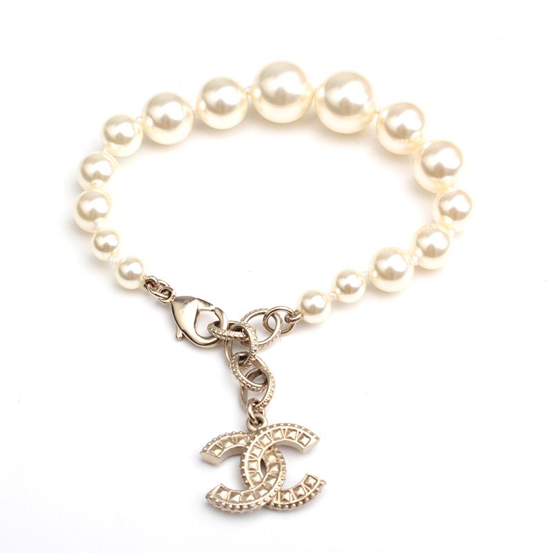 CHANEL Ivory Imitation Pearl CC Logo Bracelet 12345 129297691