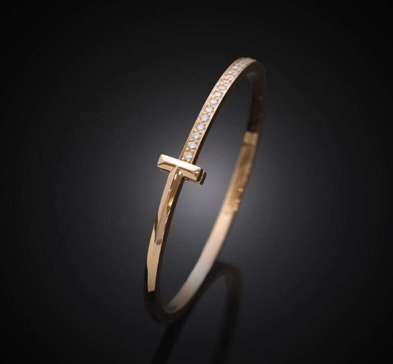 Tiffany & Co Narrow Hinged 18K Rose Gold Diamond Bangle Bracelet S 7436947654 119059487