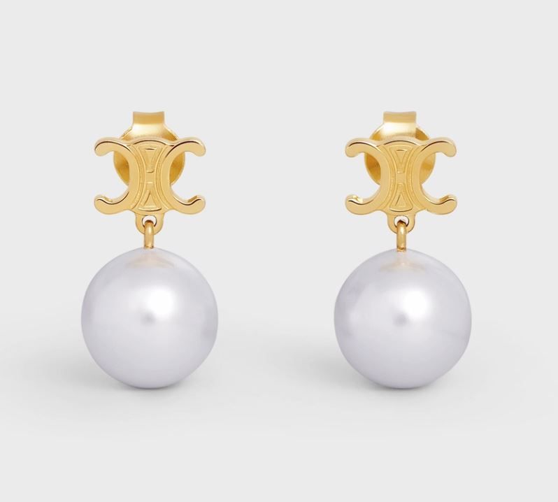 Celine Le Perle Triomphe Logo Brass Pearl Earrings 460TZ6BPE.01GI 125071326
