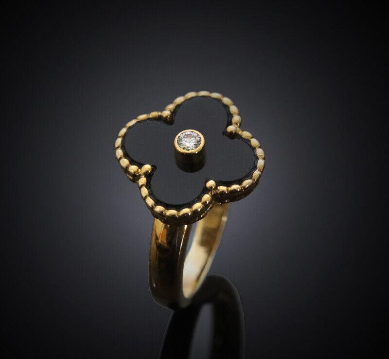 Van Cleef & Arpels Vintage Alhambra Onyx 18K Yellow Gold Diamond Ring 8 - 7241789327 75876128