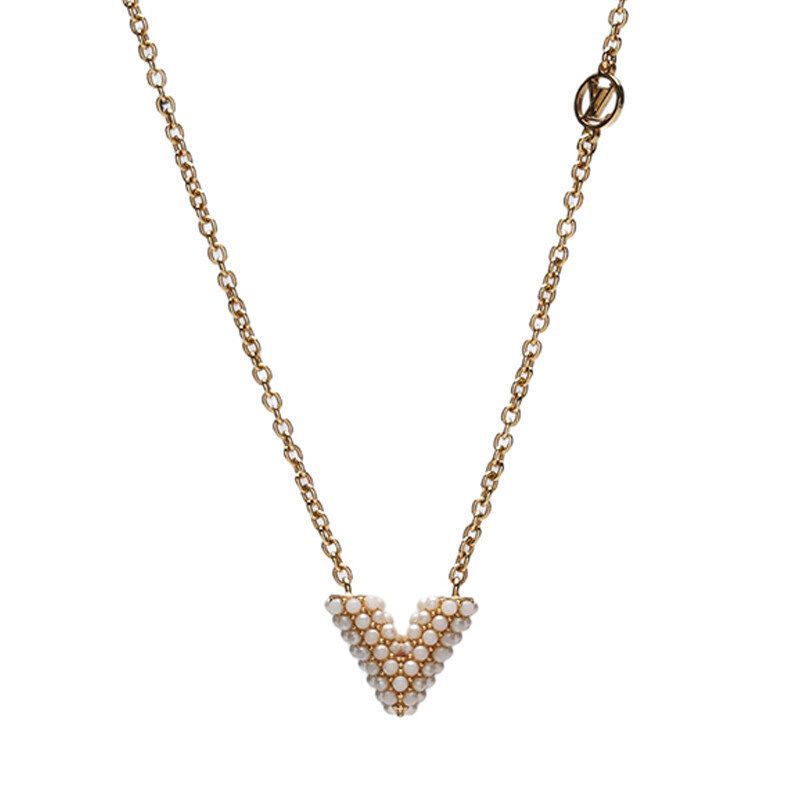 Louis Vuitton Gold Essential V Pearl Necklace 123836503