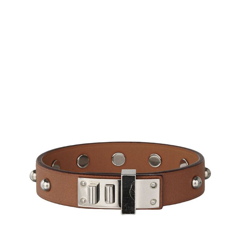Hermes Brown Silver Mini Dog Stud Bracelet T3 118577815