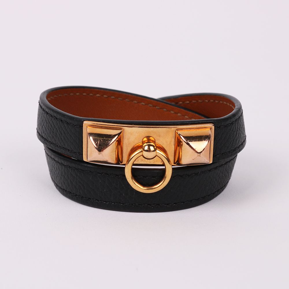 Hermes Black Leather Double Rivale Bracelet T 80525176