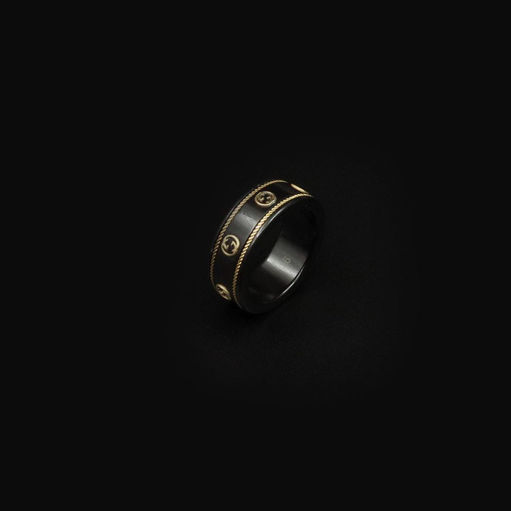 Gucci 18K Yellow Gold Black Corundum Band Interlocking G Icon Ring 6 / 606826 123940059