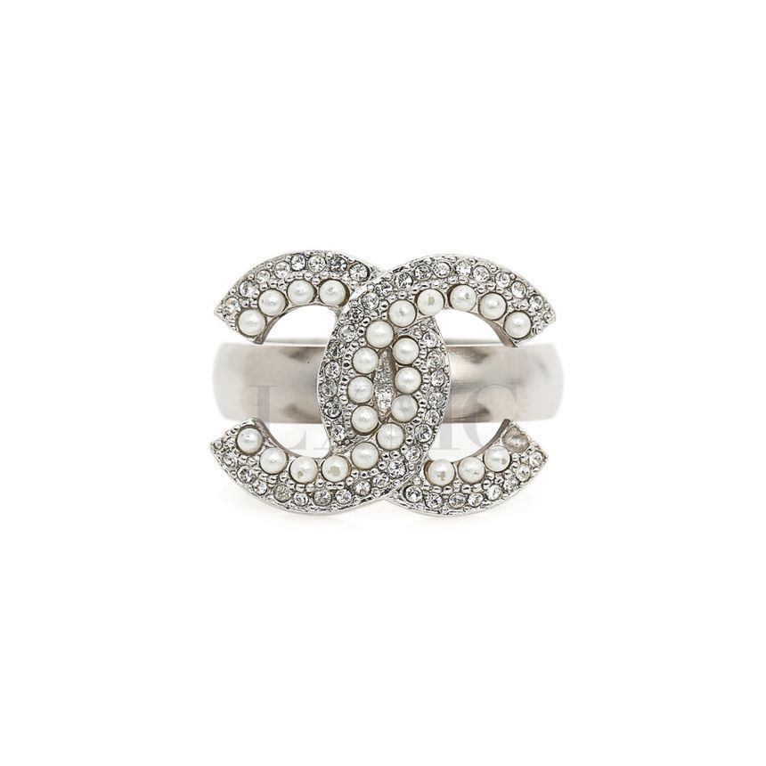 CHANEL Coco Mark CC Logo Ring with Cubic and Pearl Silver Ring 2019 86673736