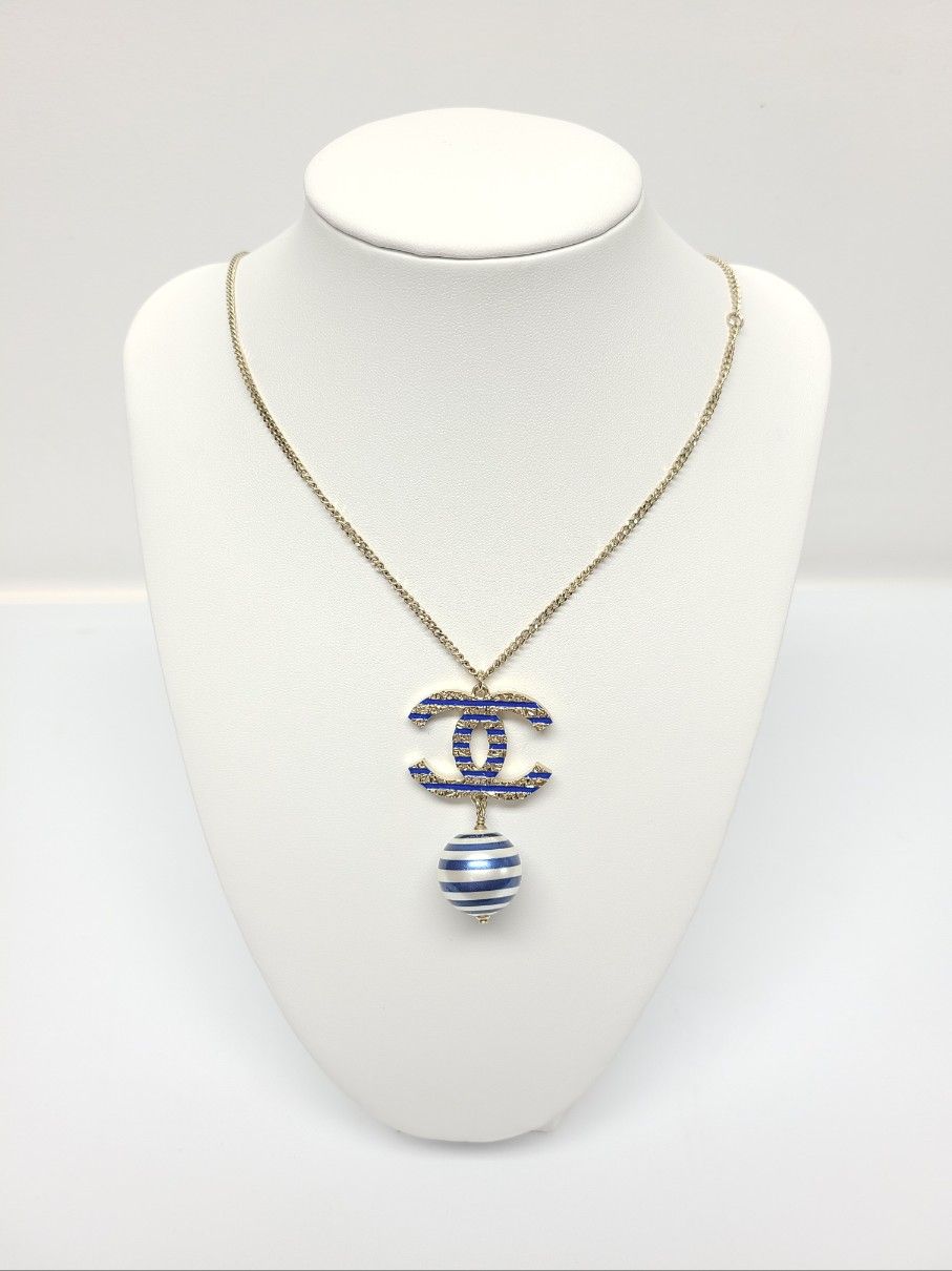 CHANEL Pearl Bead Blue Stripe CC Logo Necklace 41771099
