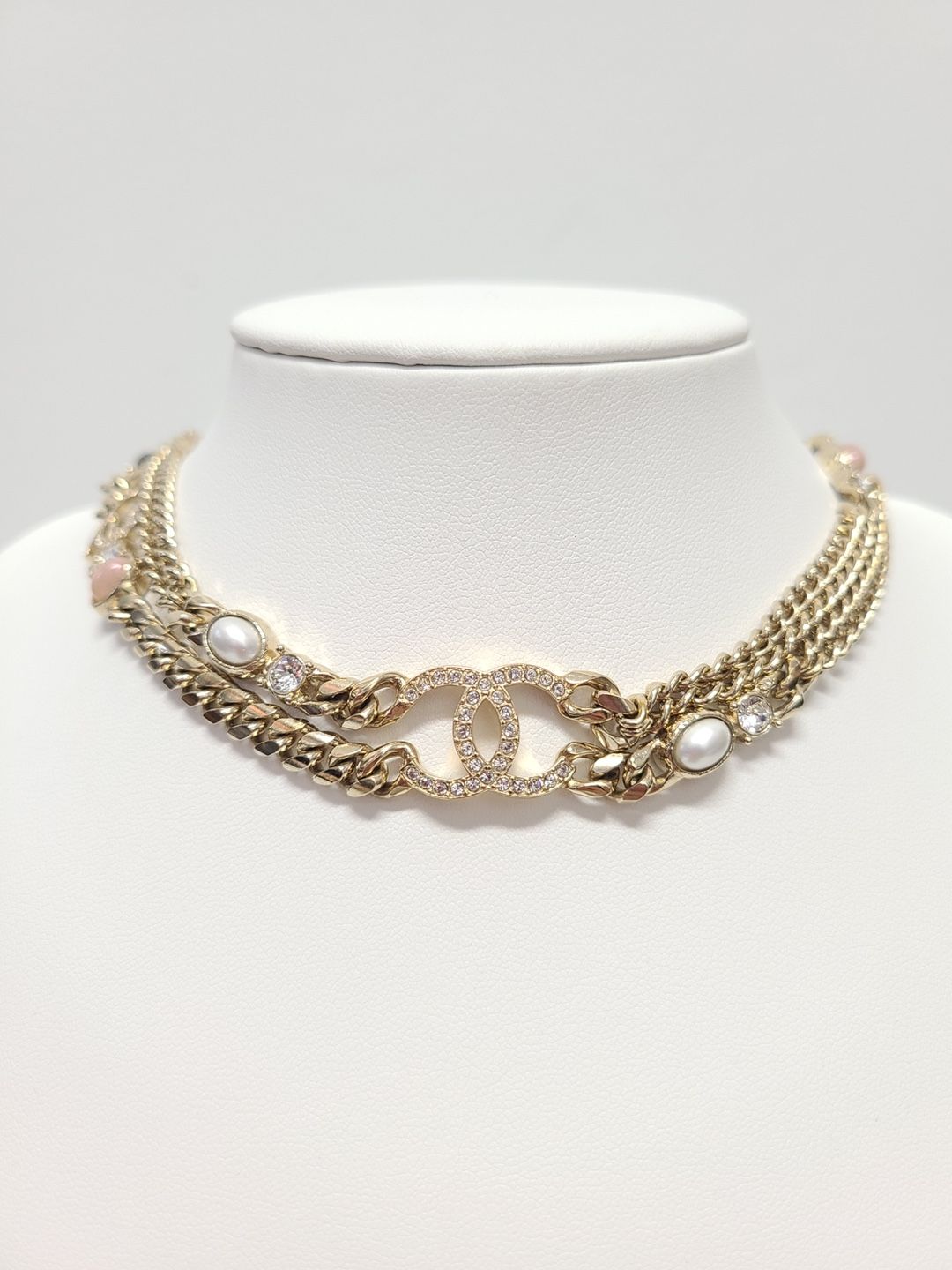 CHANEL Champagne Gold Crystal Pearl CC Logo Custom Necklace 12345 105289963