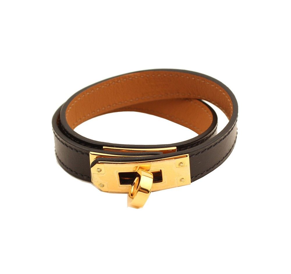 Hermes Black Kelly Box Double Strap Gold Plated Bracelet 26811717