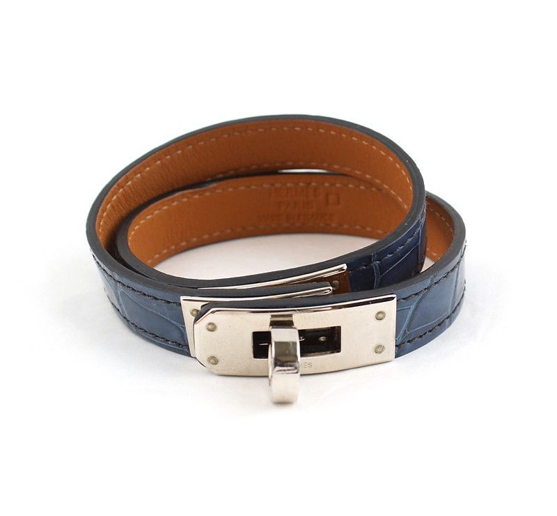Hermes Kelly Prussian Blue Wani Double Strap Silver Bracelet 26811510