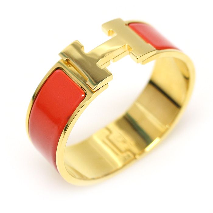 Hermes H300001F Rouge Corail Enamel Gold Plated Click Clack H PM Women's Bracelet 50216HE 79563611