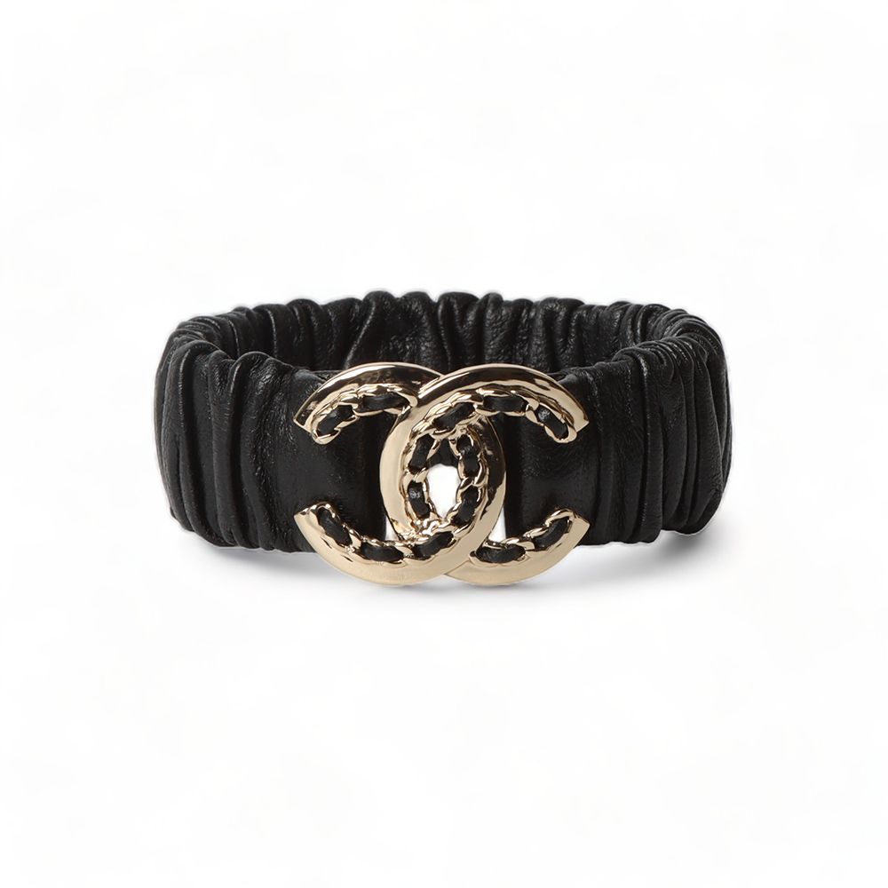 CHANEL Hair Scrunchie Bracelet Lambskin Gold Black 31585-1 65673132