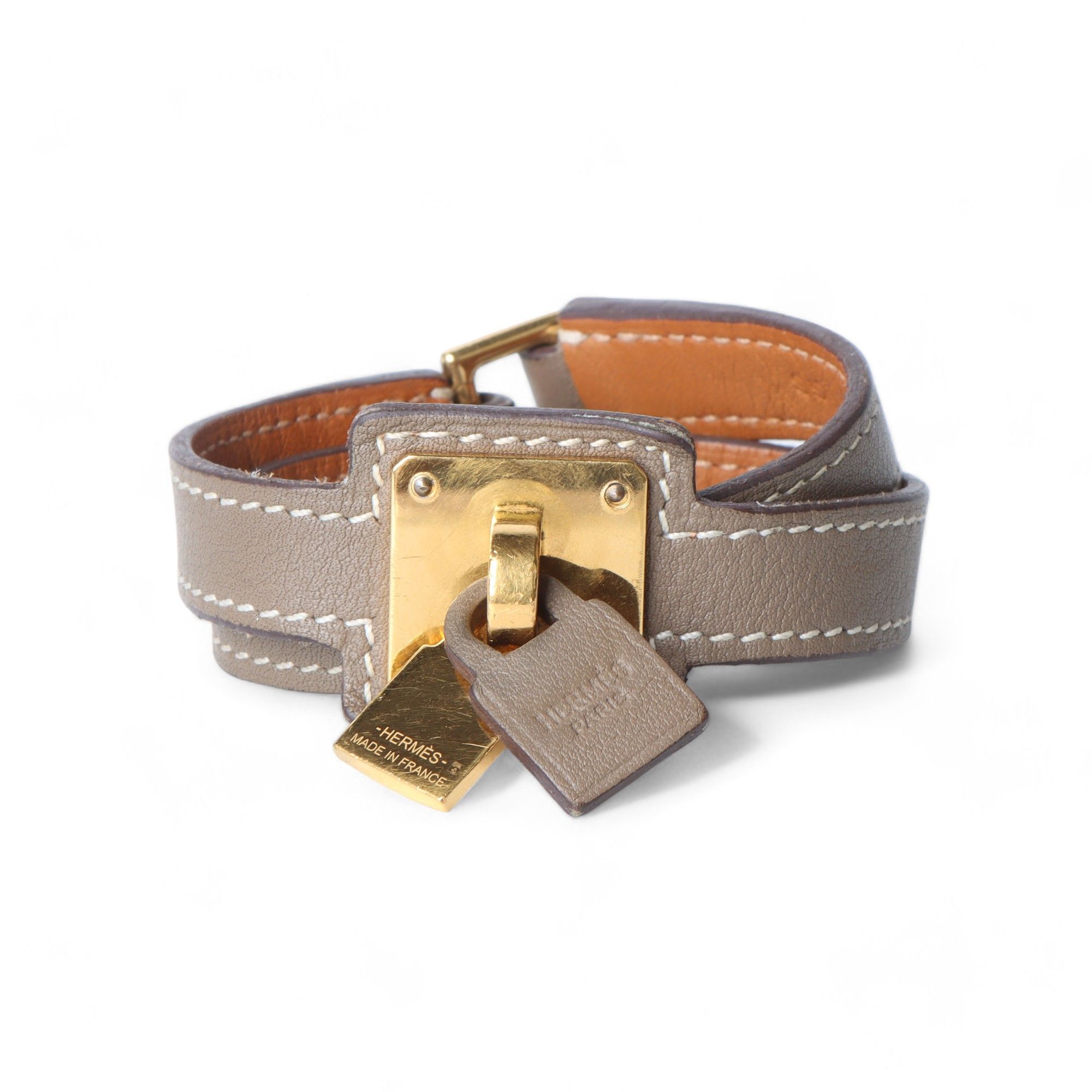 Hermes Kelly Etoupe Gold-Plated Leather Bracelet 32349 76941272