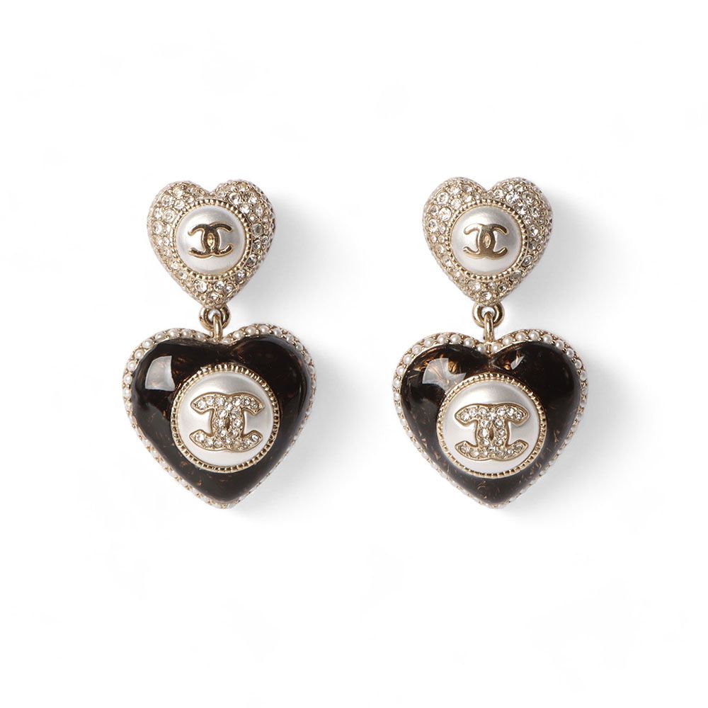 CHANEL Gold Black CC Heart Pearl Crystal Earrings 32444 77797948