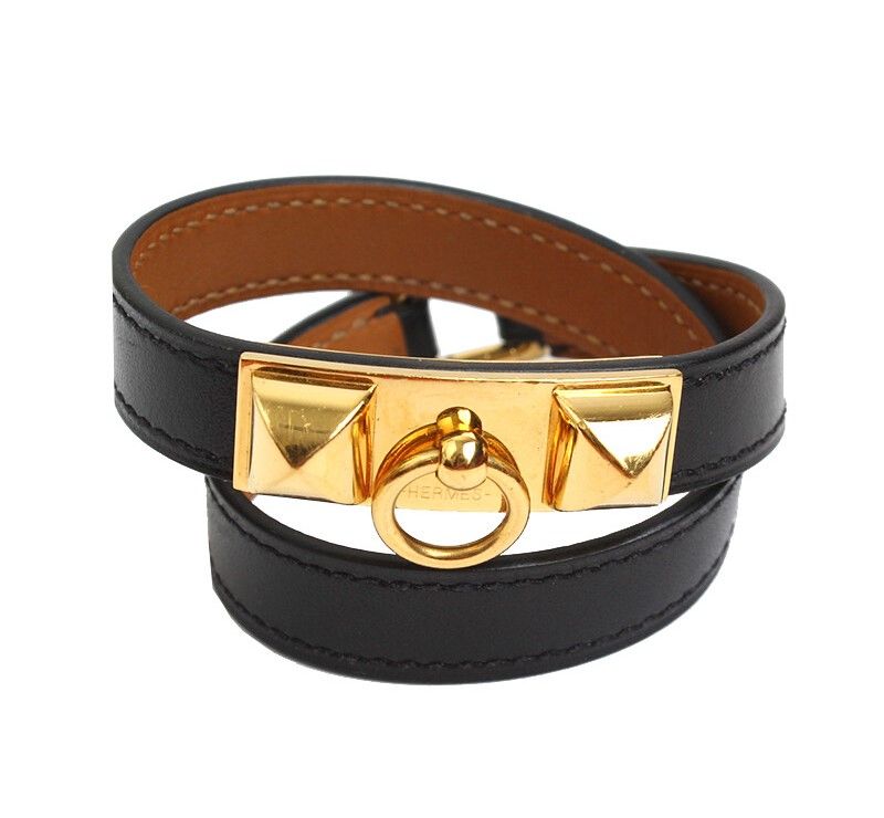 Hermes Medor Black Epsom Double Strap Bracelet Gold Tone XS R 34980127