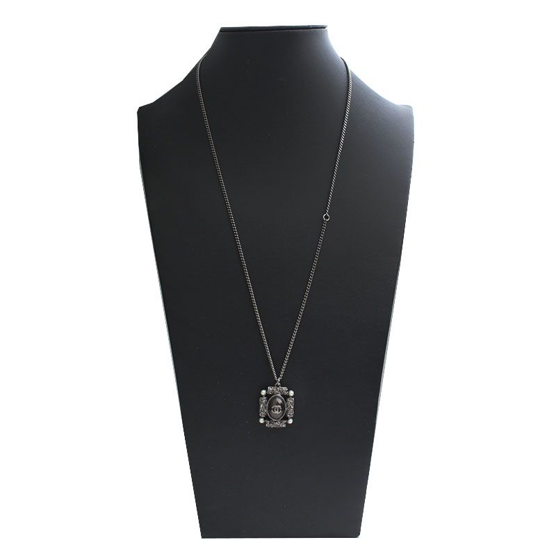 CHANEL Black Oval Necklace 925 Silver 122488448