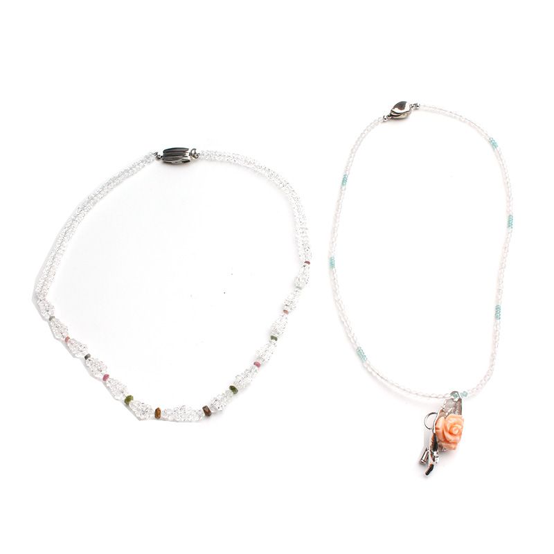 Other Brand Crystal Beaded Necklace + Coral Rose Brooch Pendant Necklace Set 119933003