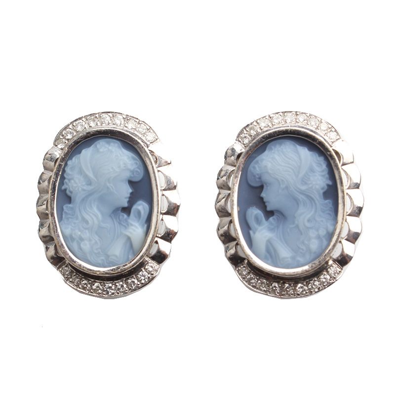 Other Brand Lady in Blue Cameo 750 White Gold Earrings 105368236