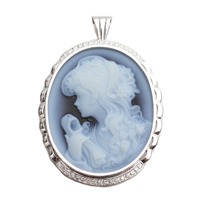 Other Brand Lady in Blue 750 White Gold Cameo Brooch Pendant 750 105295767