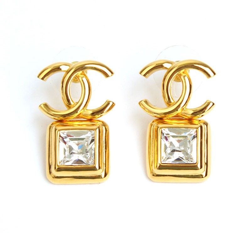 CHANEL Gold CC Crystal Square Earrings 12345 30570951