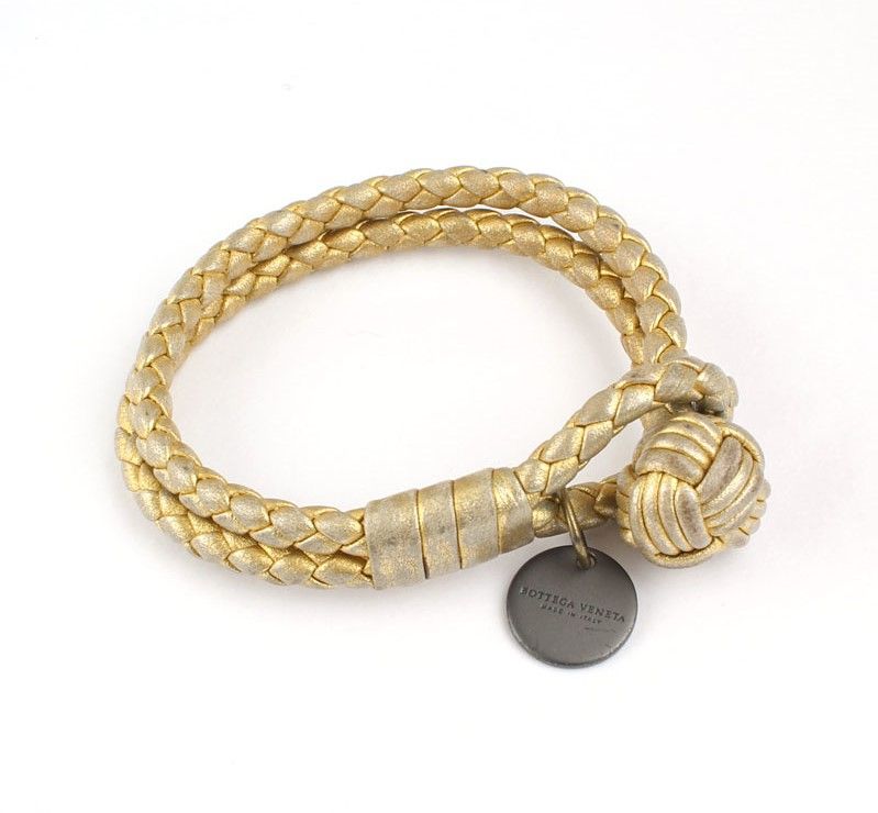 Bottega Veneta Metallic Gold Woven Leather Circle Charm Bracelet 26811801