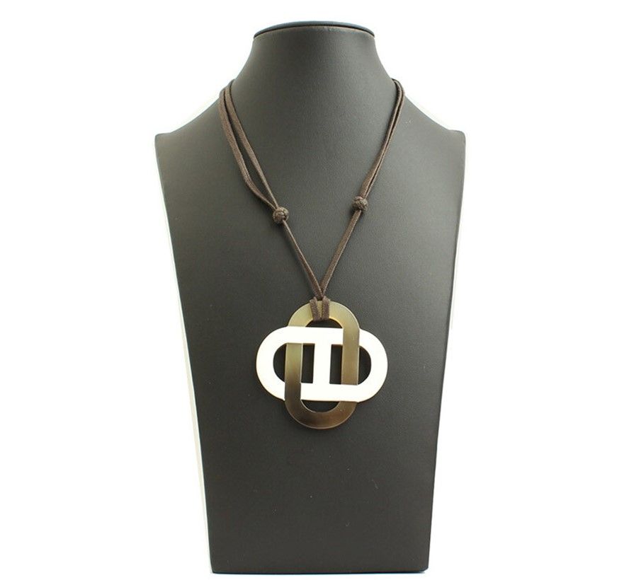 Hermes Chandal White & Khaki Horn Pendant Necklace 27451286