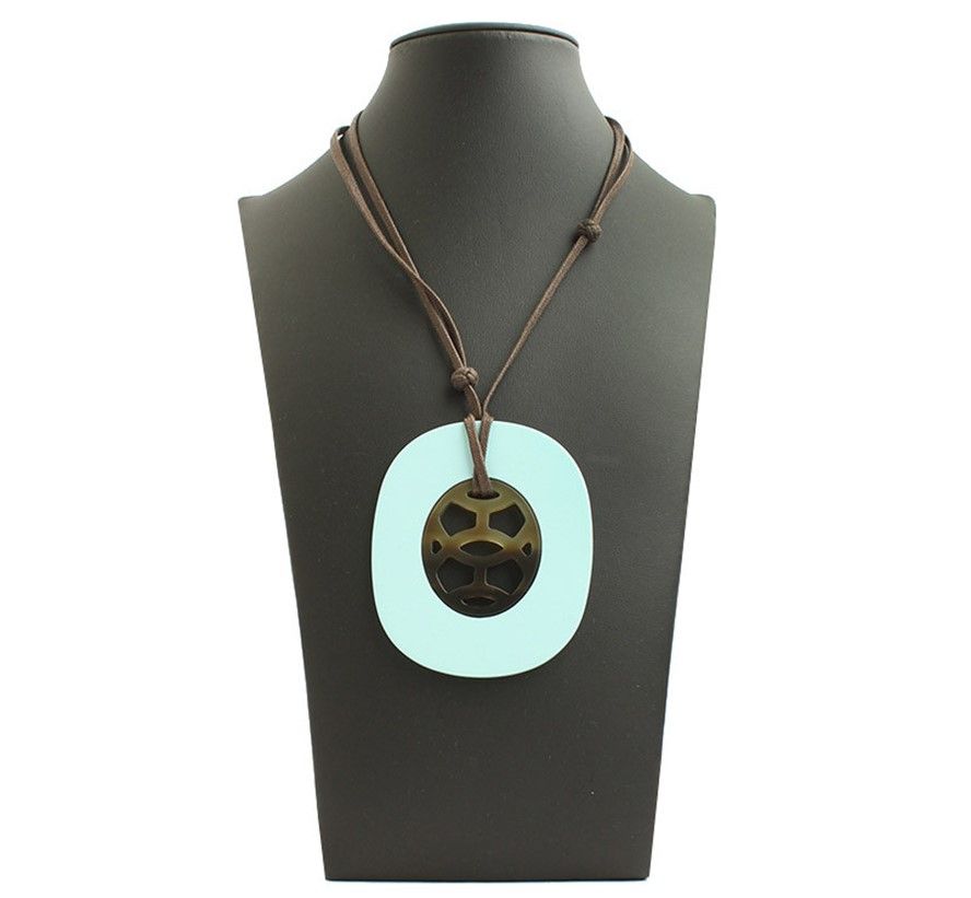 Hermes Sky Blue & Khaki Horn Pendant Necklace 27585560
