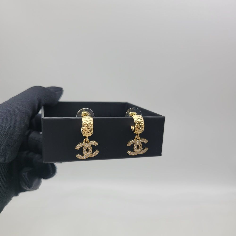 CHANEL Quilted Gold CC Logo Drop Earrings 121723774
