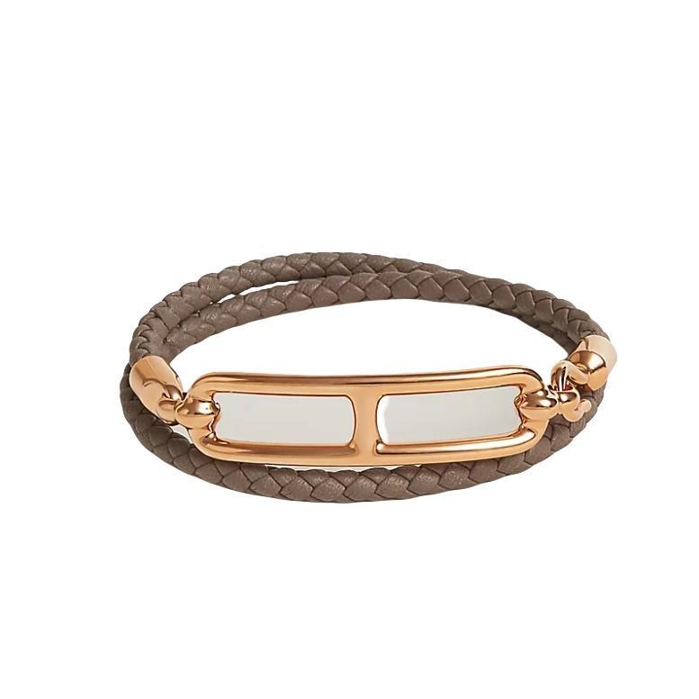 Hermes Roulis Double Tour Bracelet Women's Leather Bracelet Rose Gold Etoupe H071727FO18T1 129086782