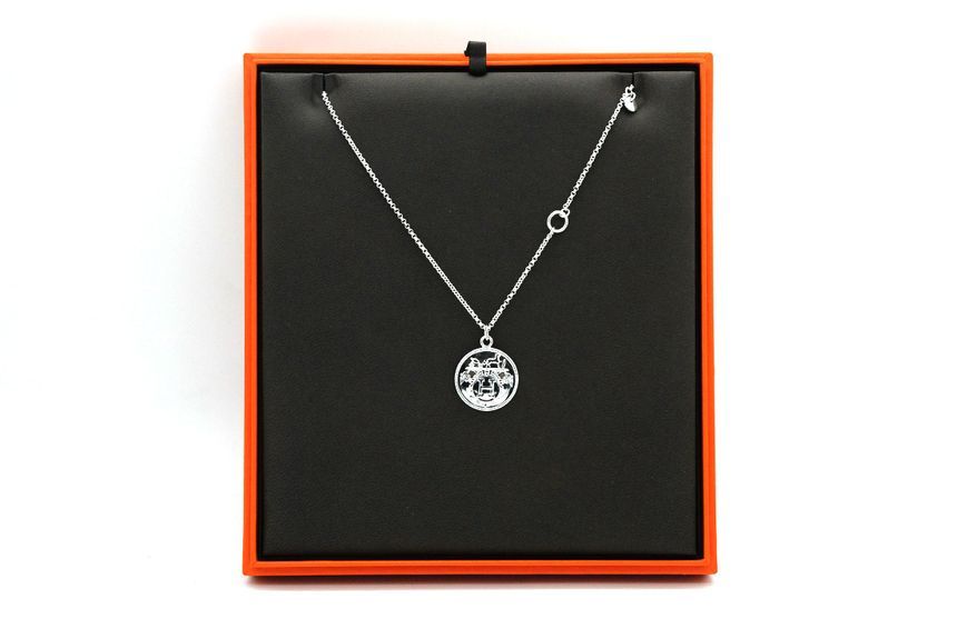 Hermes Ex-Libris 18K Rose Gold Silver Medium Long Necklace H120141B 121183848