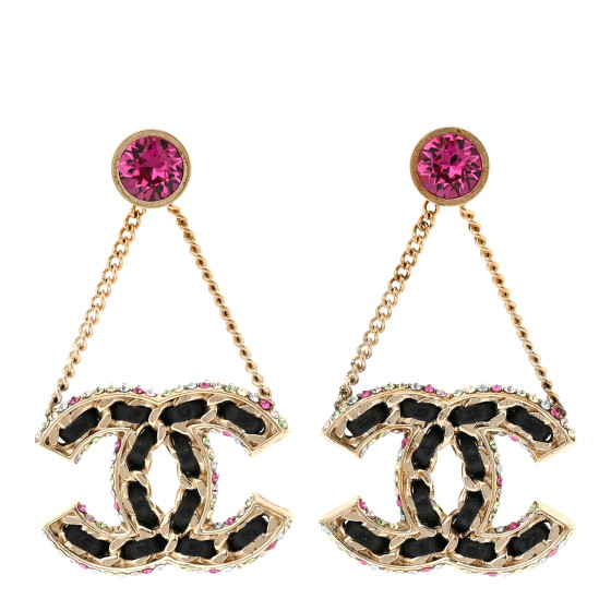 Metal Lambskin Crystal CC Chain Drop Earrings Black Gold Pink Multicolor