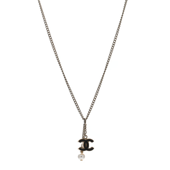 Enamel Pearl CC Necklace Black Gold