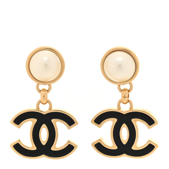 Pearl Enamel CC Drop Earrings Black