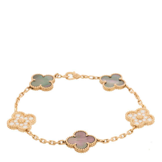18K Rose Gold Diamond Gray Mother of Pearl 5 Motifs Vintage Alhambra Bracelet