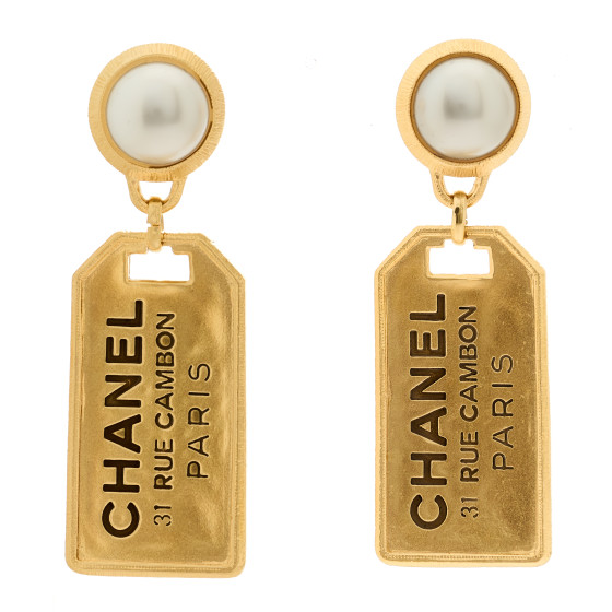 Pearl CC Tags Drop Earrings Gold