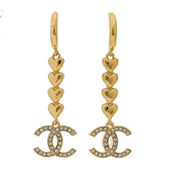 Metal Crystal CC Heart Hoop Long Drop Earrings Gold