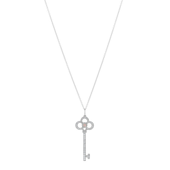 Platinum 18K Rose Gold Pink Diamond Crown Key Pendant Necklace