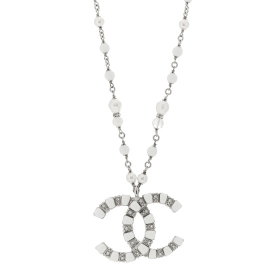 Pearl Resin Crystal Large CC Pendant Necklace Silver White