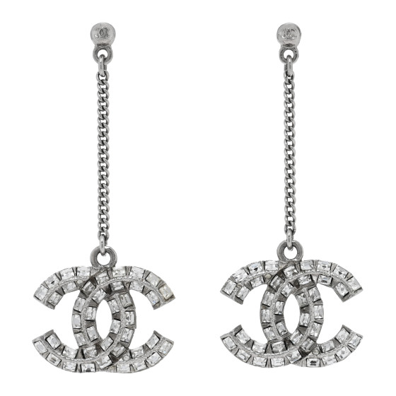 Baguette Crystal CC Drop Earrings Silver