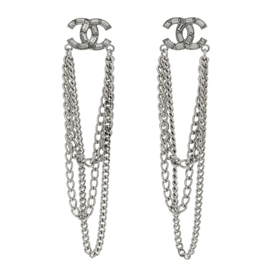 Crystal Baguette CC Chain Drop Earrings Silver