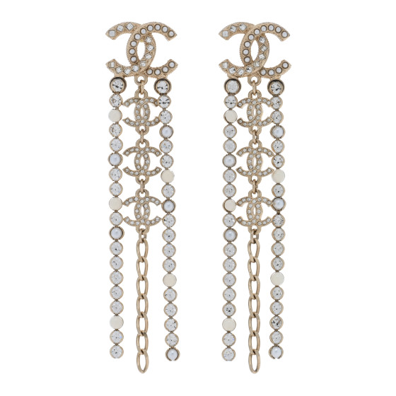 Pearl Crystal CC Chain Drop Earrings Light Gold Pearly White