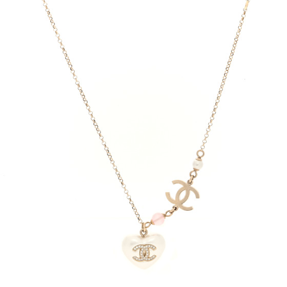 Resin Crystal CC Heart Necklace Pearly White Gold