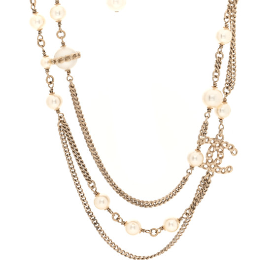 Metal Chain Link Pearl CC Multi Strand Choker Necklace Gold